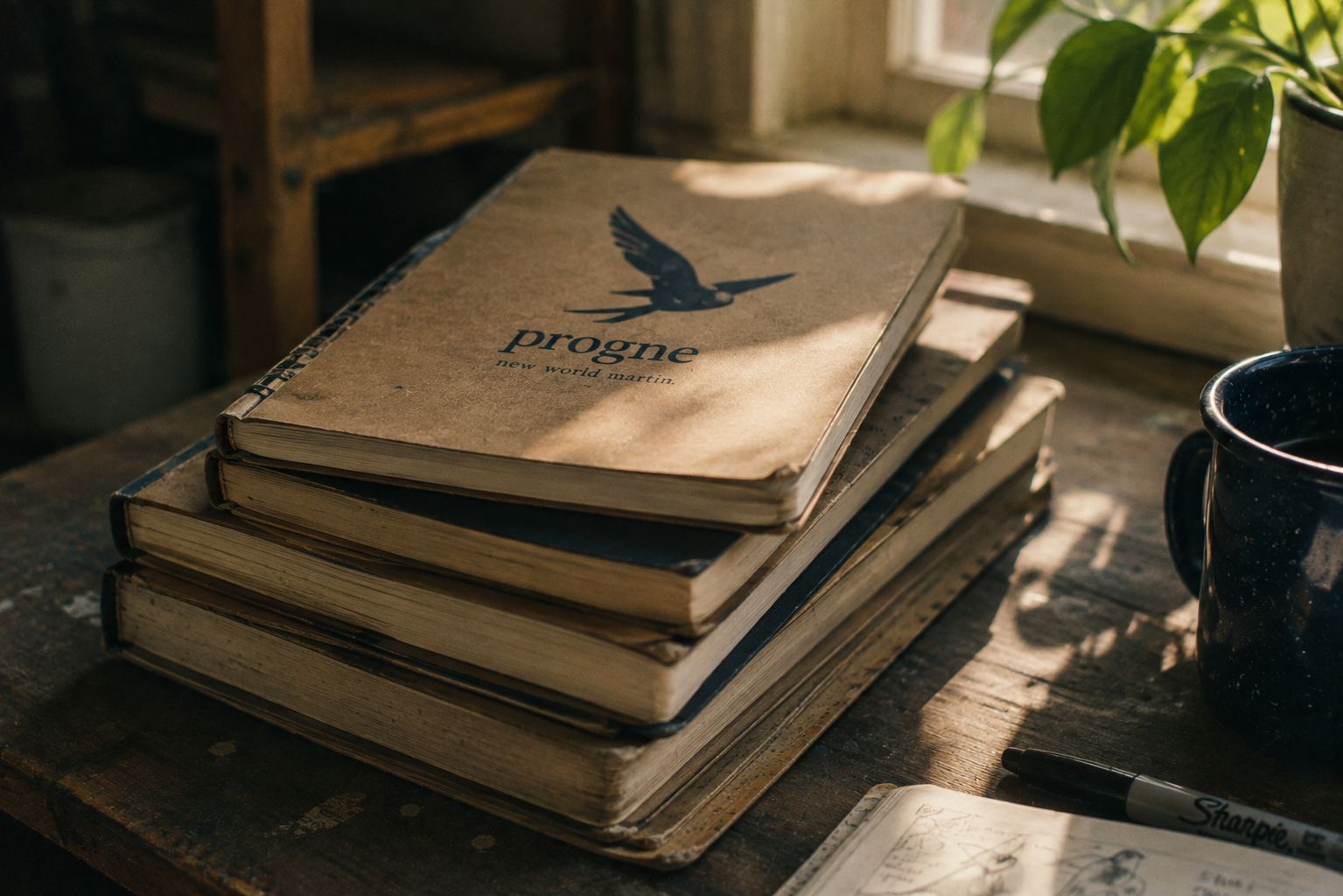 Sketchbooks with the Progne bird mark on a studio desk