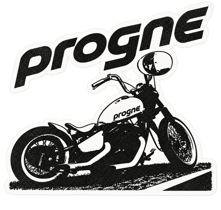 Die-cut Progne chopper sticker, wordmark over a motorcycle illustration