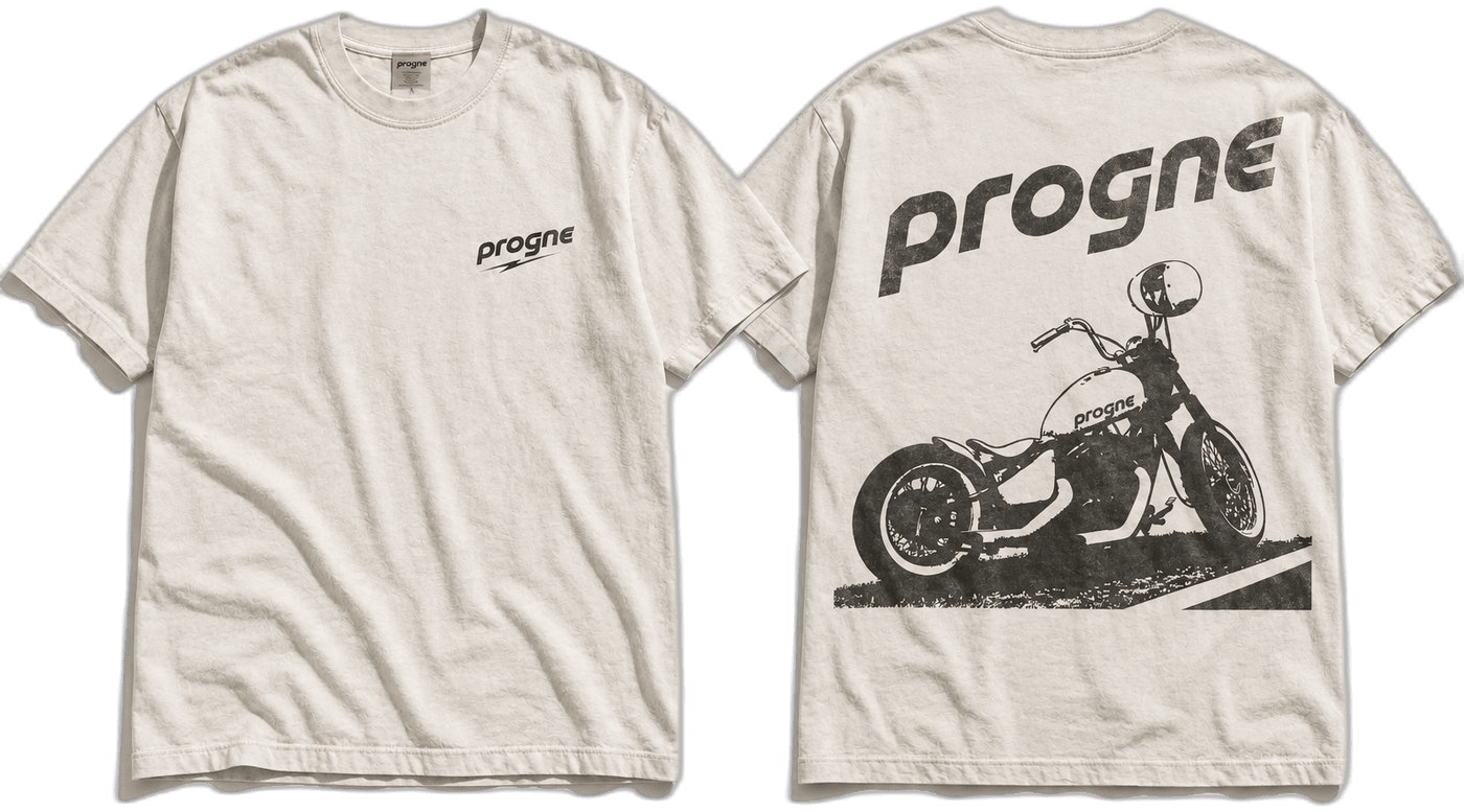 Progne chopper tee, front and back — small wordmark on the chest, full motorcycle print across the back